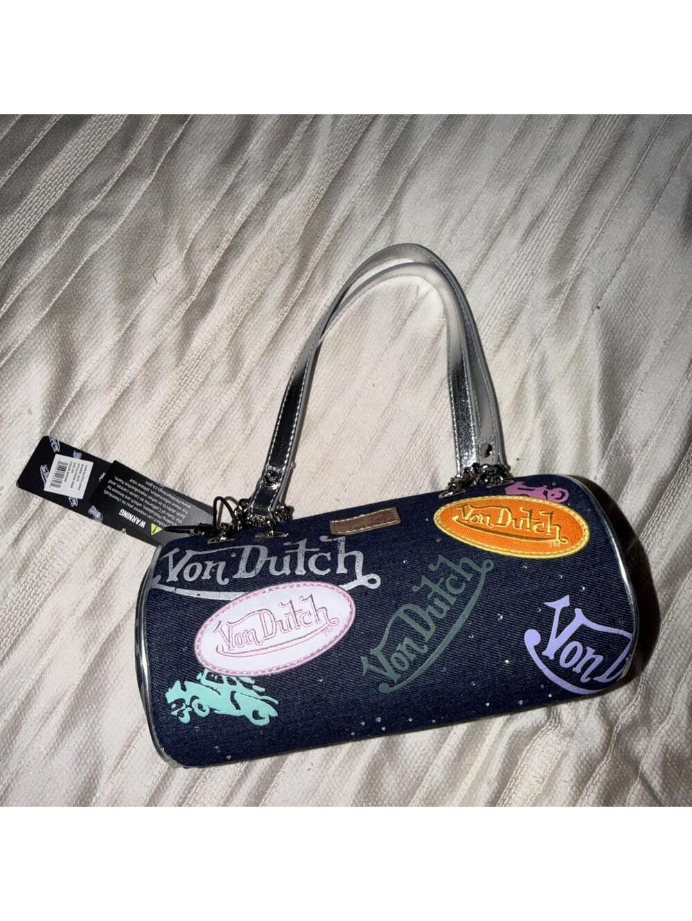 Von Dutch Y2K Black SEQUIN RARE Barrel Bag Logo Patch Chain Shoulder Bag NWT